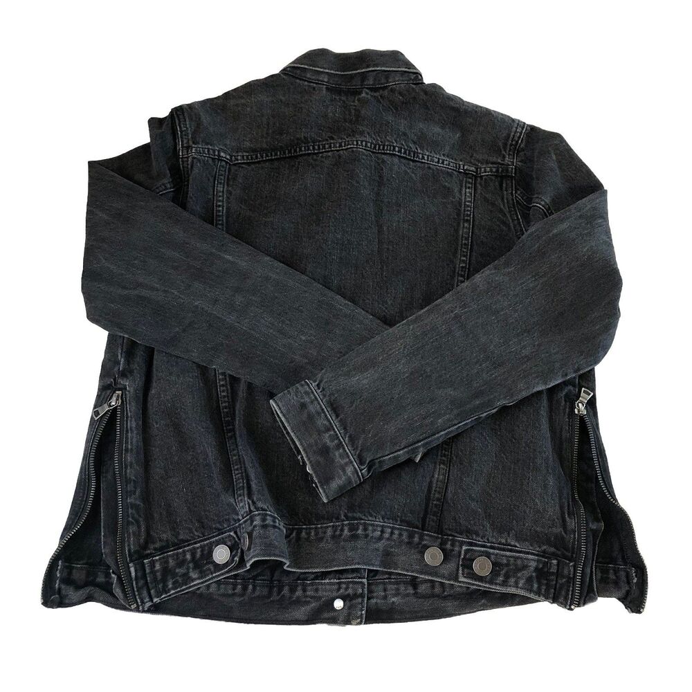 Gap 1969 Women’s Washed Black Jean Jacket Biker Style Cuff & Side Zip Large - Picture 10 of 16